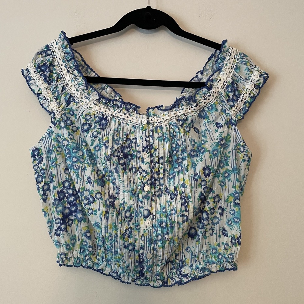 NWT Poupette St Barth Alba Top Blue Aqua Floral  Size L Cotton Pleated‎ Ruffles